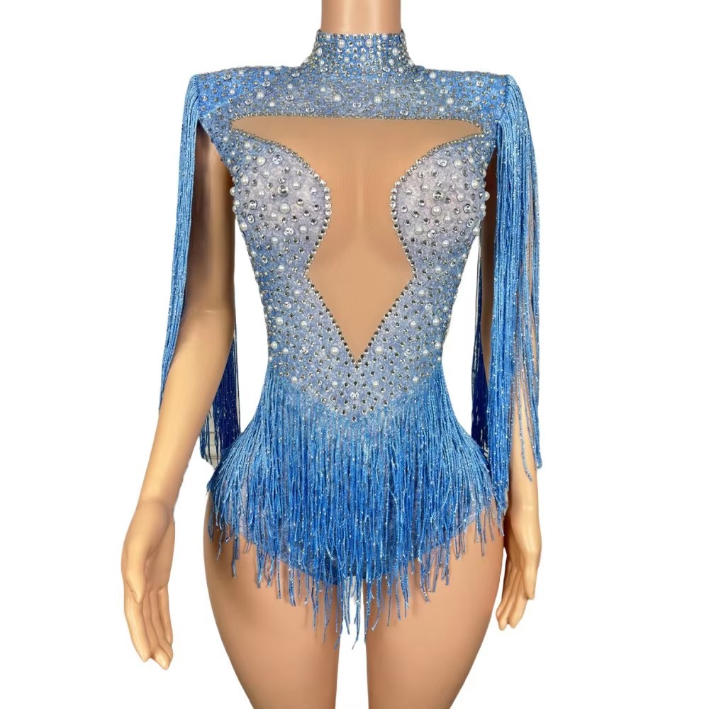 Rhinestone Banding Trim - Justaucorps bleu à strass et franges,