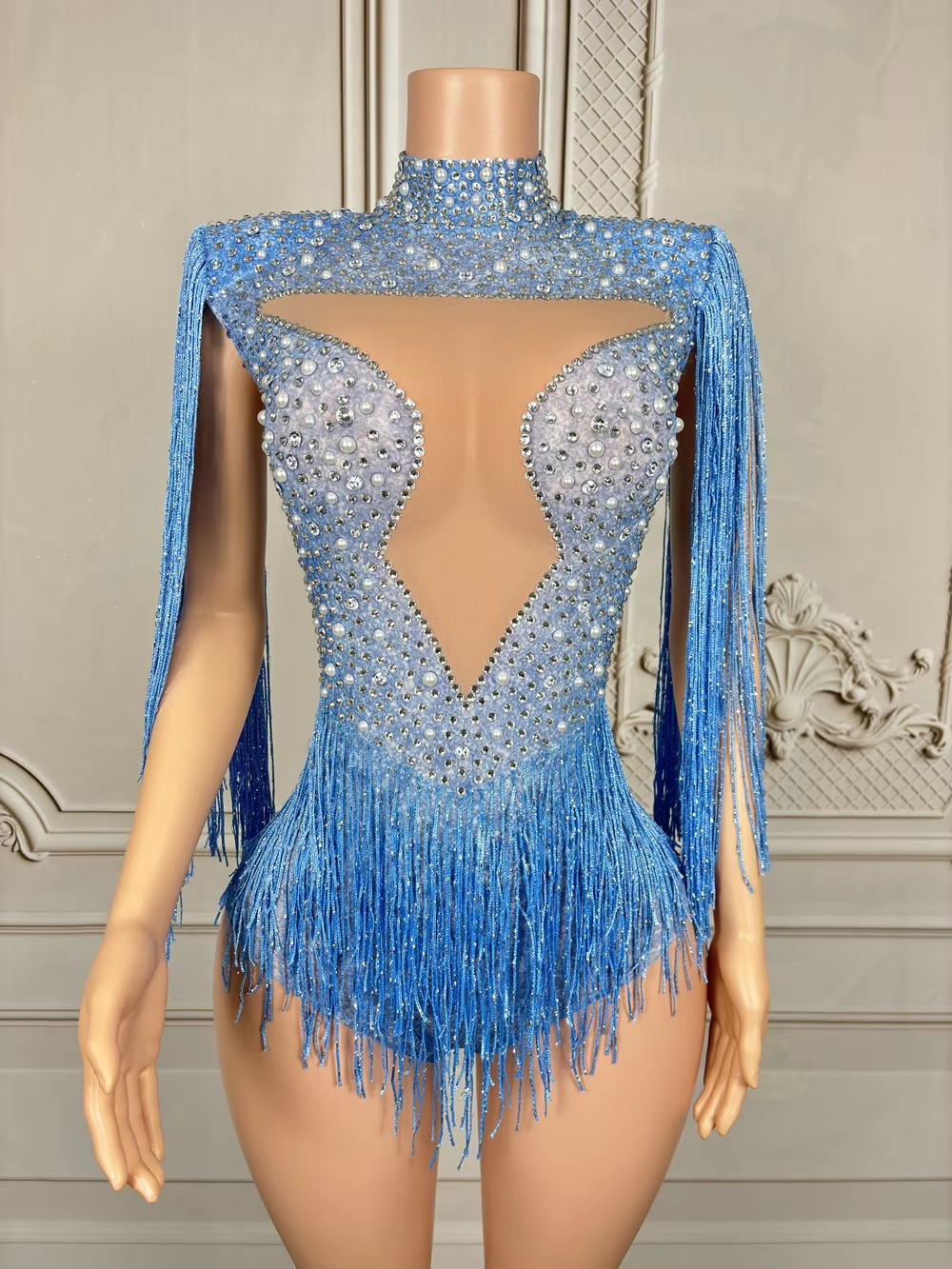 Justaucorps bleu à strass et f - Rhinestone Banding Trim avis et prix