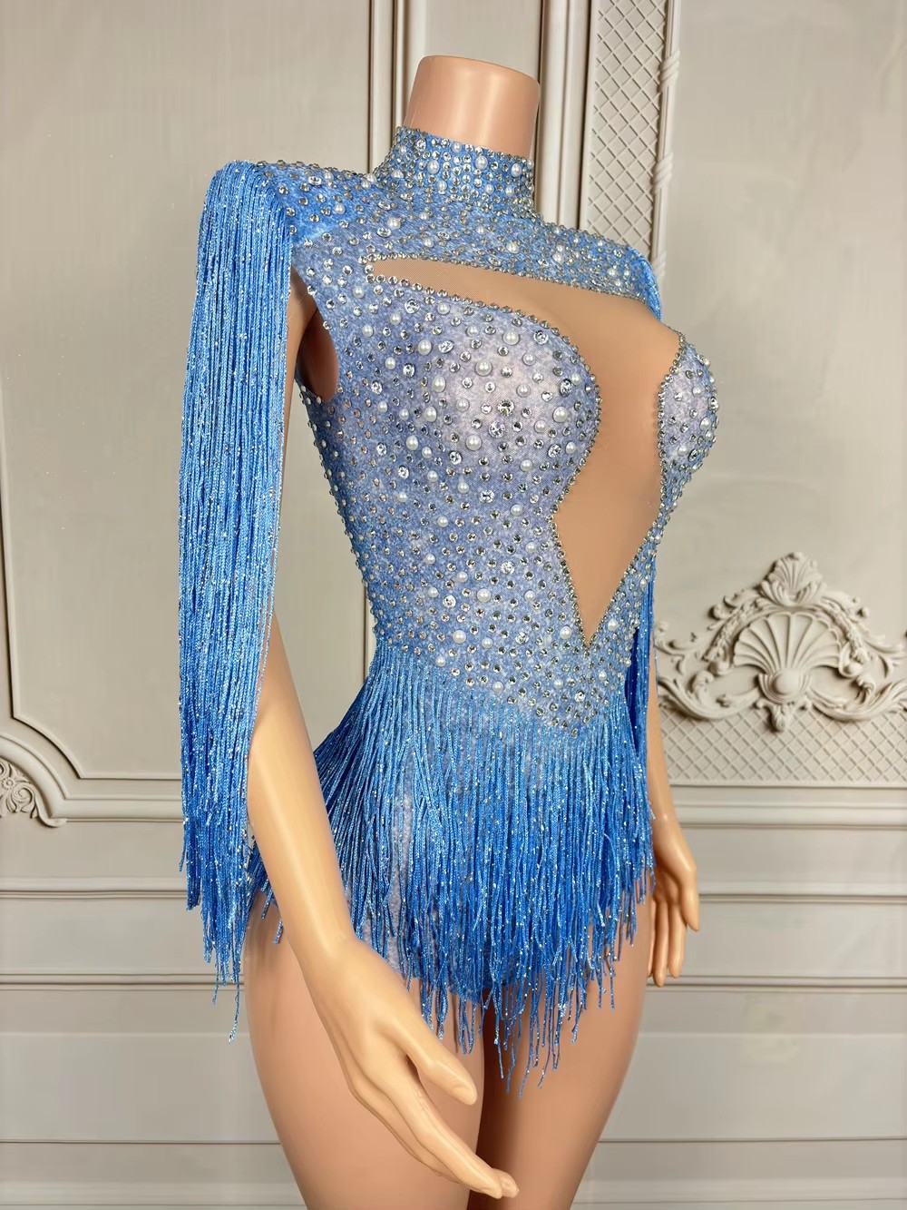 Justaucorps bleu à strass et f - Rhinestone Banding Trim avis et prix